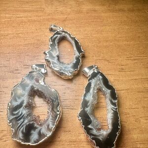 Natural Geode O-Ring Pendants with Silver-Plated Trim (Set of 3)